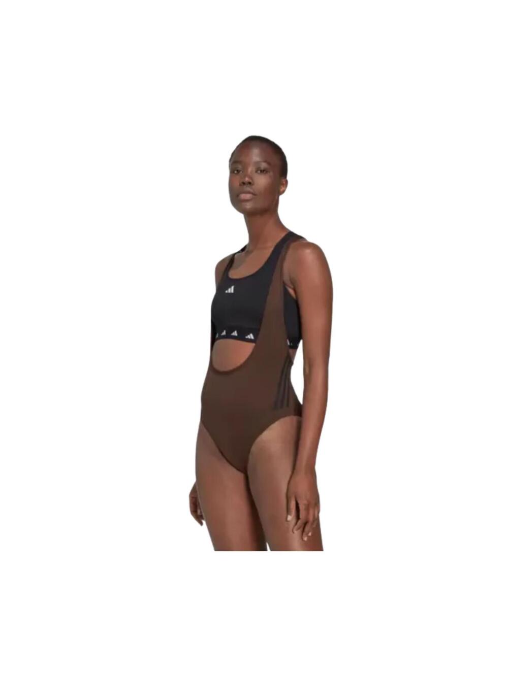 Adidas Leotard One Piece Swimsuit Brown Womens M Aeroready 3 Stripe New